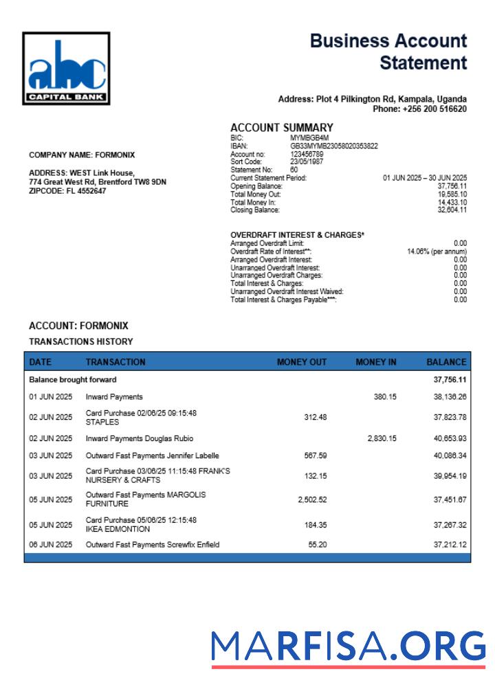 Downloadable Uganda ABC Bank of Uganda enterprise statement Word and PDF format template